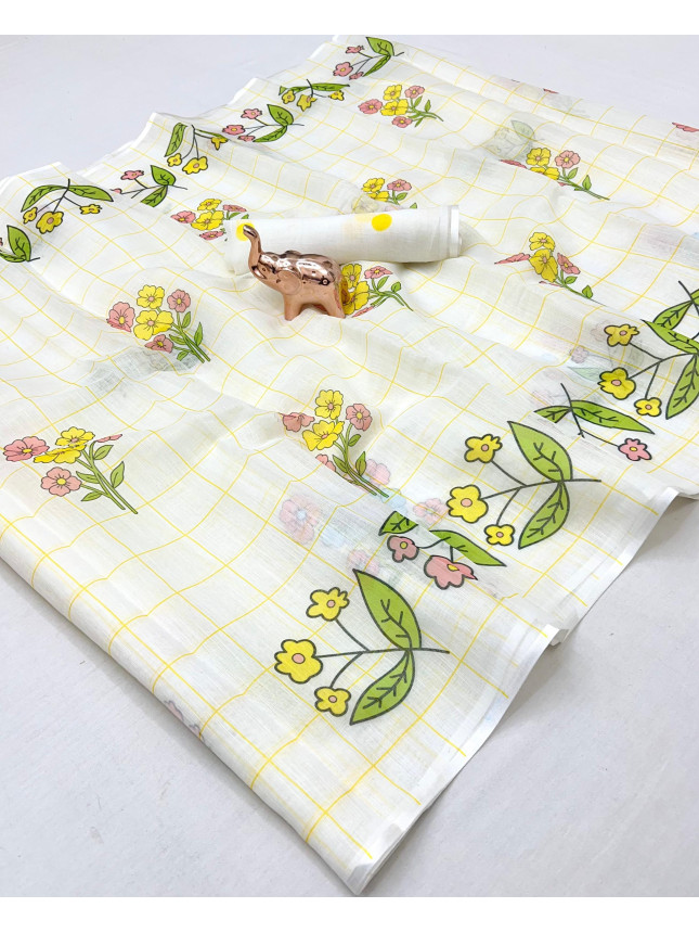 Chandhiri Cotton-White & Yellow Floral-007