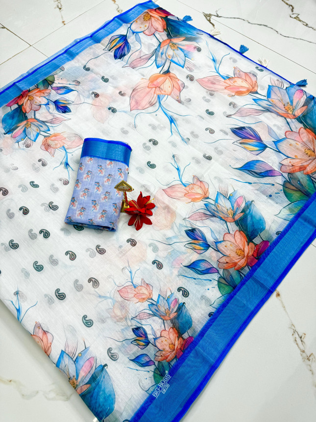 Chandhiri Cotton-White & Blue Floral-009
