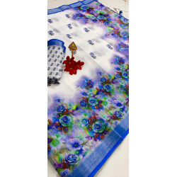 Chandhiri Cotton-White & Blue Floral-009