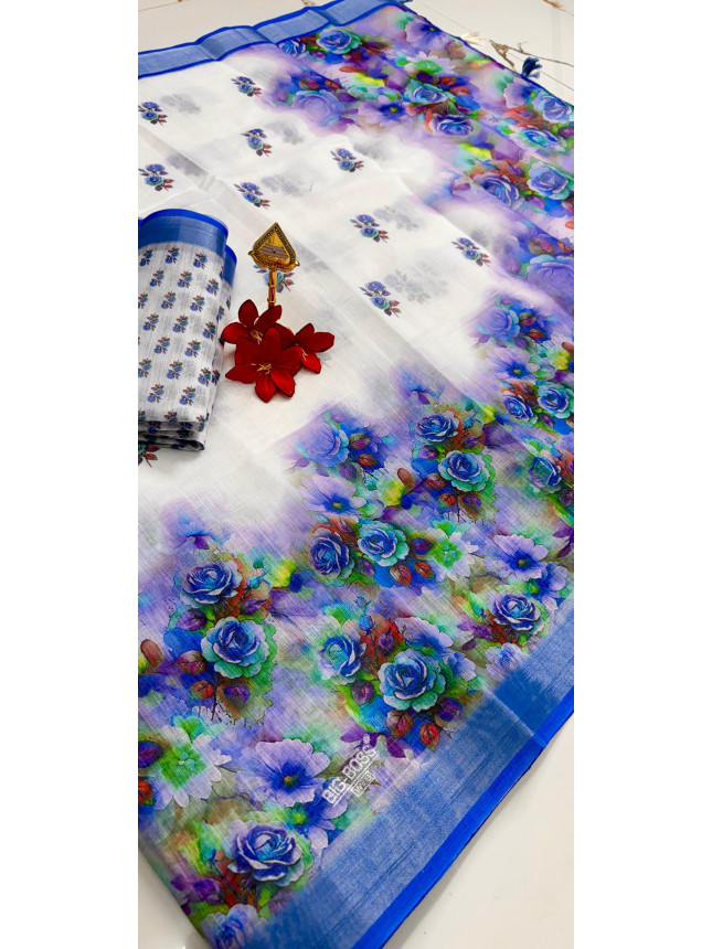 Chandhiri Cotton-White & Blue Floral-009