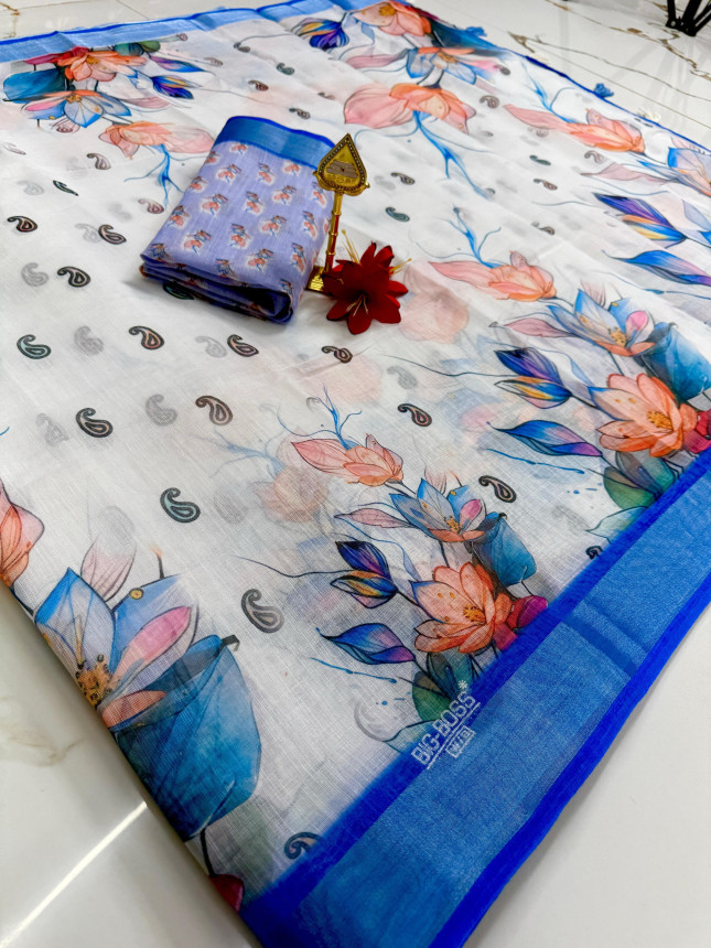 Chandhiri Cotton-White & Blue Floral-009
