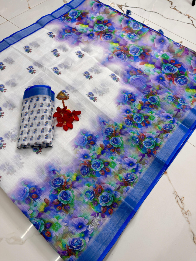 Chandhiri Cotton-White & Blue Floral-009